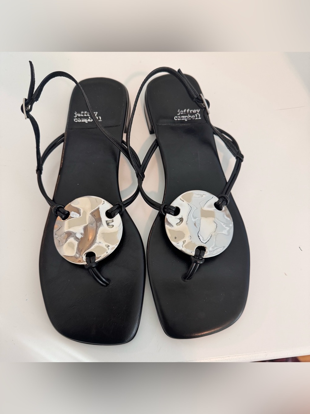 Jeffrey Campbell Black Strappy Sandals with Silver Disc – Genuine Leather